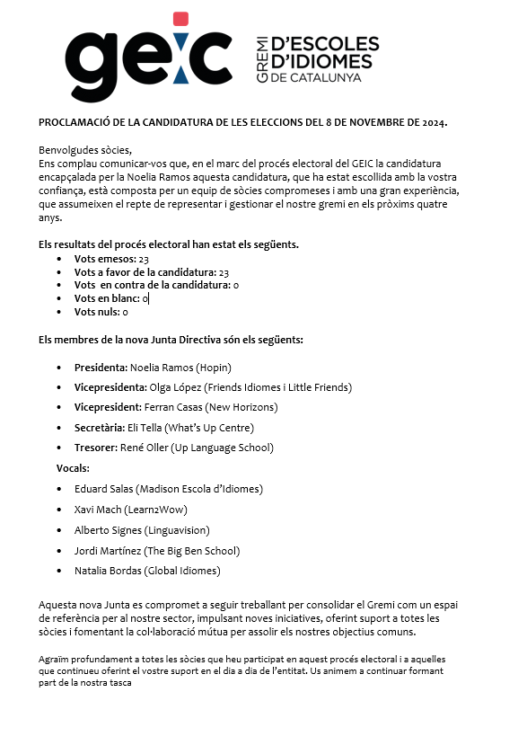 PROCLAMACIÓ DELS MEMBRES DE LA JUNTA DIRECTIVA DEL GEIC DE LES ELECCIONS CELEBRADES EL 8 DE NOVEMBRE DE 2024.