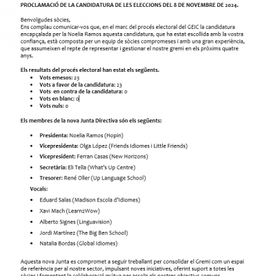 PROCLAMACIÓ DELS MEMBRES DE LA JUNTA DIRECTIVA DEL GEIC DE LES ELECCIONS CELEBRADES EL 8 DE NOVEMBRE DE 2024.